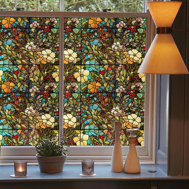 REDAMANCY Colorful Vintage White Floral Red Flowers Stained Glass Window Films Decorative Double-Side Privacy Film Self-Adhesive Static Glass Window Clings for Living Room Bathroom Glass Windows Decor - Image 3