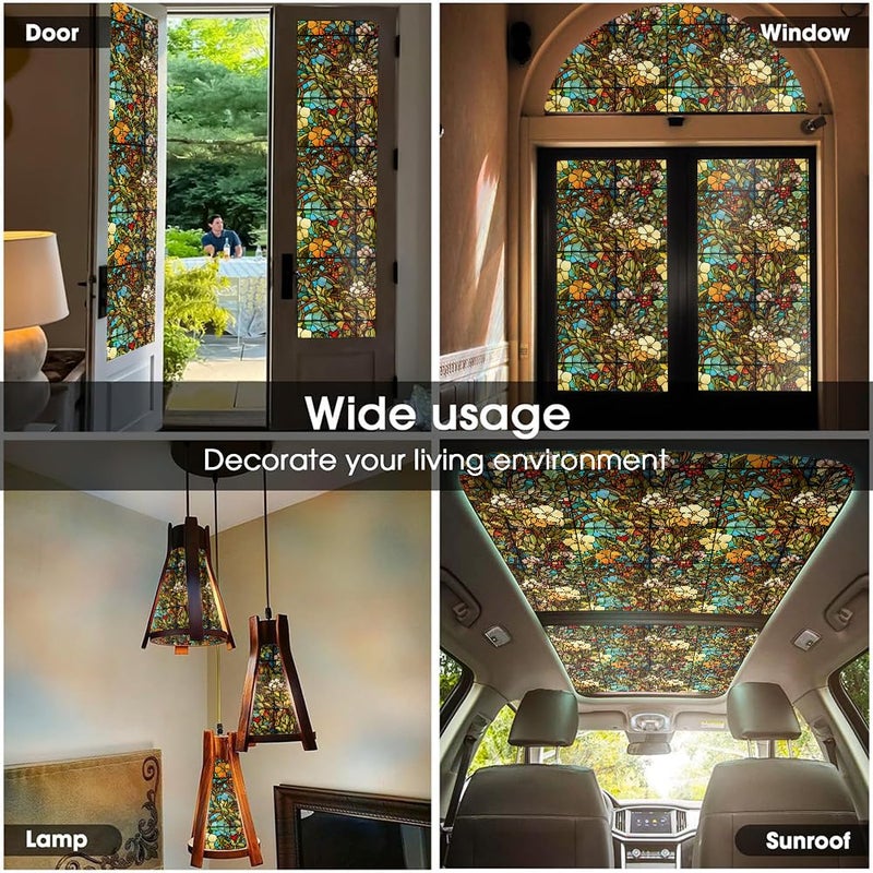 REDAMANCY Colorful Vintage White Floral Red Flowers Stained Glass Window Films Decorative Double-Side Privacy Film Self-Adhesive Static Glass Window Clings for Living Room Bathroom Glass Windows Decor - Image 5