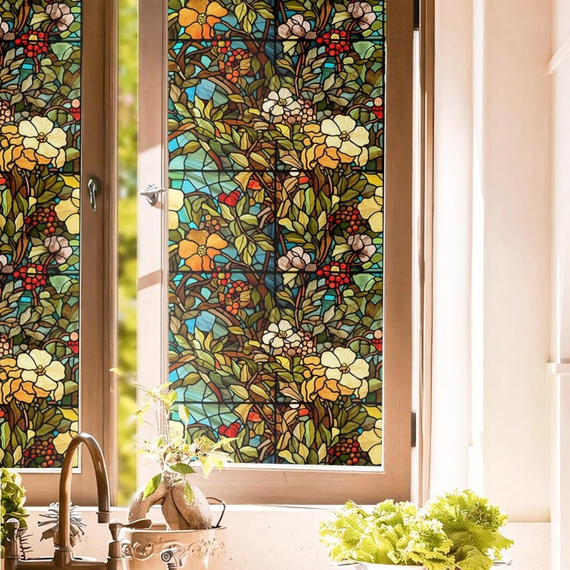 REDAMANCY Colorful Vintage White Floral Red Flowers Stained Glass Window Films Decorative Double-Side Privacy Film Self-Adhesive Static Glass Window Clings for Living Room Bathroom Glass Windows Decor - Image 1
