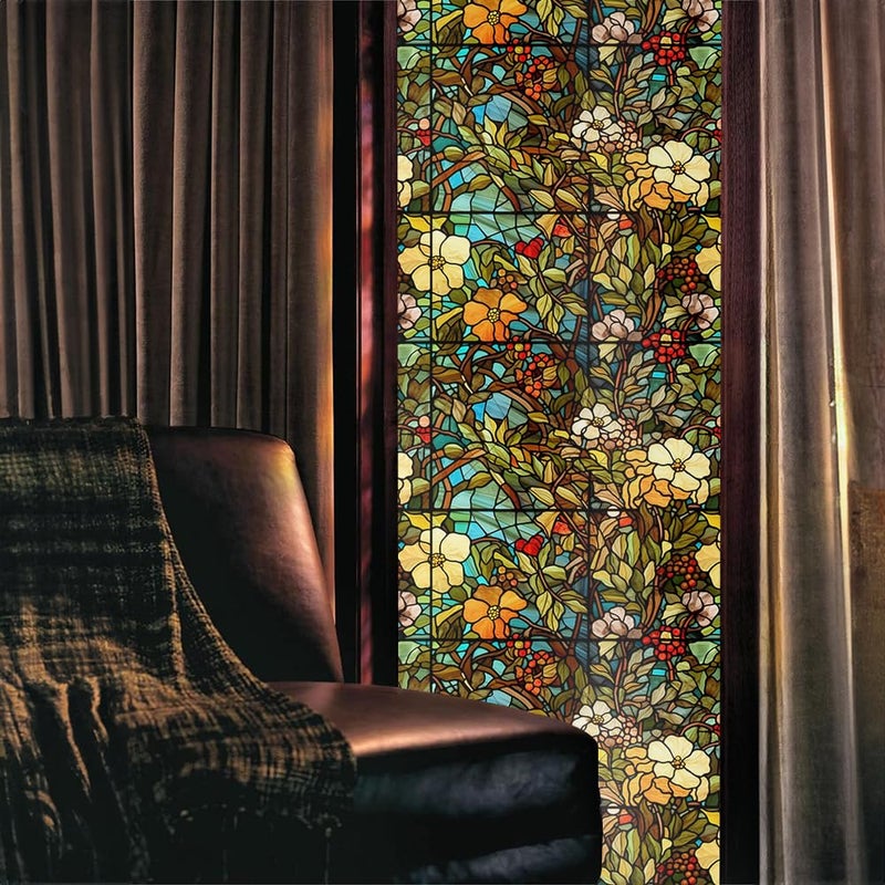 REDAMANCY Colorful Vintage White Floral Red Flowers Stained Glass Window Films Decorative Double-Side Privacy Film Self-Adhesive Static Glass Window Clings for Living Room Bathroom Glass Windows Decor - Image 2