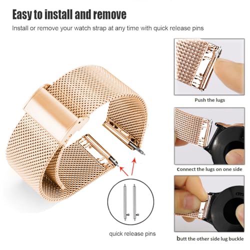 DEALELE Bands Compatible with Huawei Watch GT5 Pro 42mm / GT5 / GT4 41mm / Fossil Q Venture Gen 4/3 / Women's Gen 5E 42mm / Women's Gen 6, 18mm Stainless Steel Metal Mesh Replacement Strap, Rose gold - Image 5