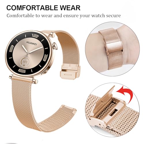 DEALELE Bands Compatible with Huawei Watch GT5 Pro 42mm / GT5 / GT4 41mm / Fossil Q Venture Gen 4/3 / Women's Gen 5E 42mm / Women's Gen 6, 18mm Stainless Steel Metal Mesh Replacement Strap, Rose gold - Image 2