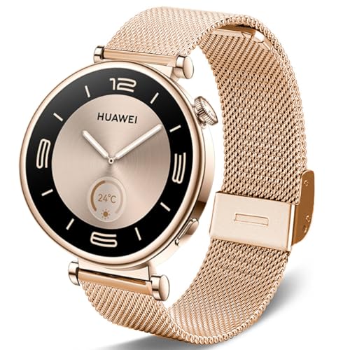 DEALELE Bands Compatible with Huawei Watch GT5 Pro 42mm / GT5 / GT4 41mm / Fossil Q Venture Gen 4/3 / Women's Gen 5E 42mm / Women's Gen 6, 18mm Stainless Steel Metal Mesh Replacement Strap, Rose gold - Image 1