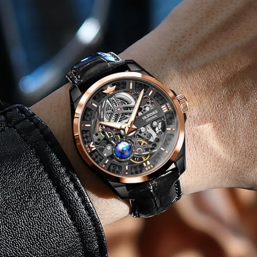 OUPINKE Skeleton Mens Automatic Watches Mechanical Luxury Dress Leather Self Winding Waterproof 50M5ATM Luminous Watches for Men - Image 3