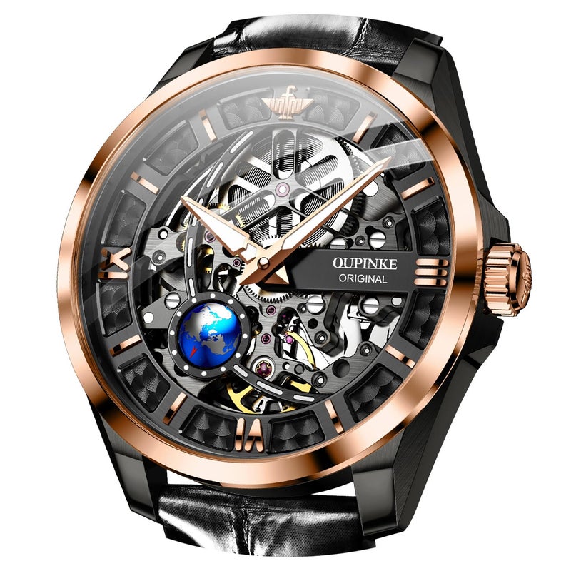OUPINKE Skeleton Mens Automatic Watches Mechanical Luxury Dress Leather Self Winding Waterproof 50M5ATM Luminous Watches for Men - Image 2