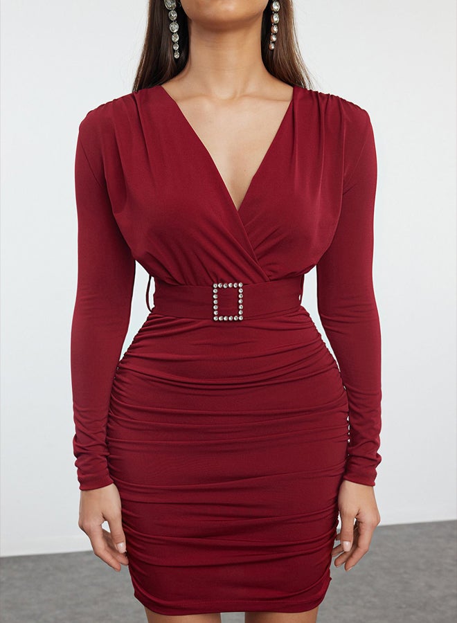trendyol Burgundy Burgundy Belt Detailed Knitted Short Elegant Evening Dress TPRAW23EL00160 - Image 3
