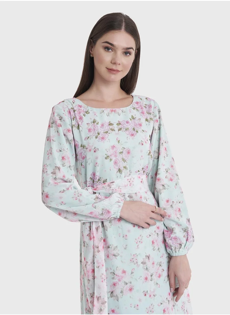 كشخة Floral Print Stonework Modest Dress