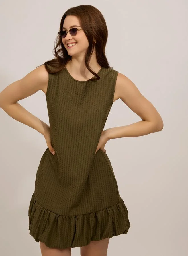 OUTZIDR  Olive Bubble Hem Textured Mini Dress for Women | Best Price UAE