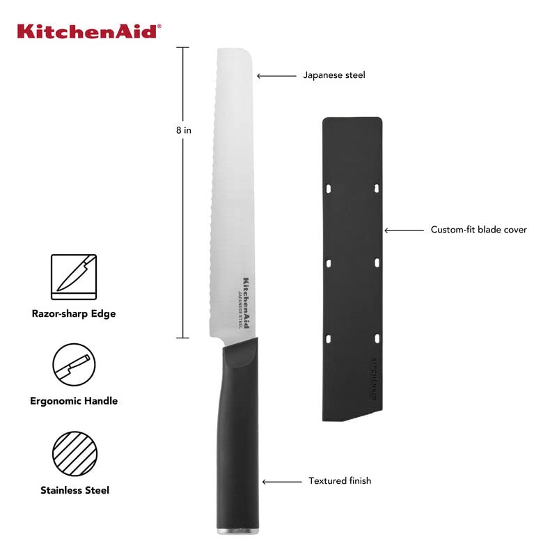 KitchenAid Classic Serrated Bread Knife with Custom-Fit Blade Cover, 8-inch, Sharp Kitchen Knife, High-Carbon Japanese Stainless Steel Blade, Black - Image 5