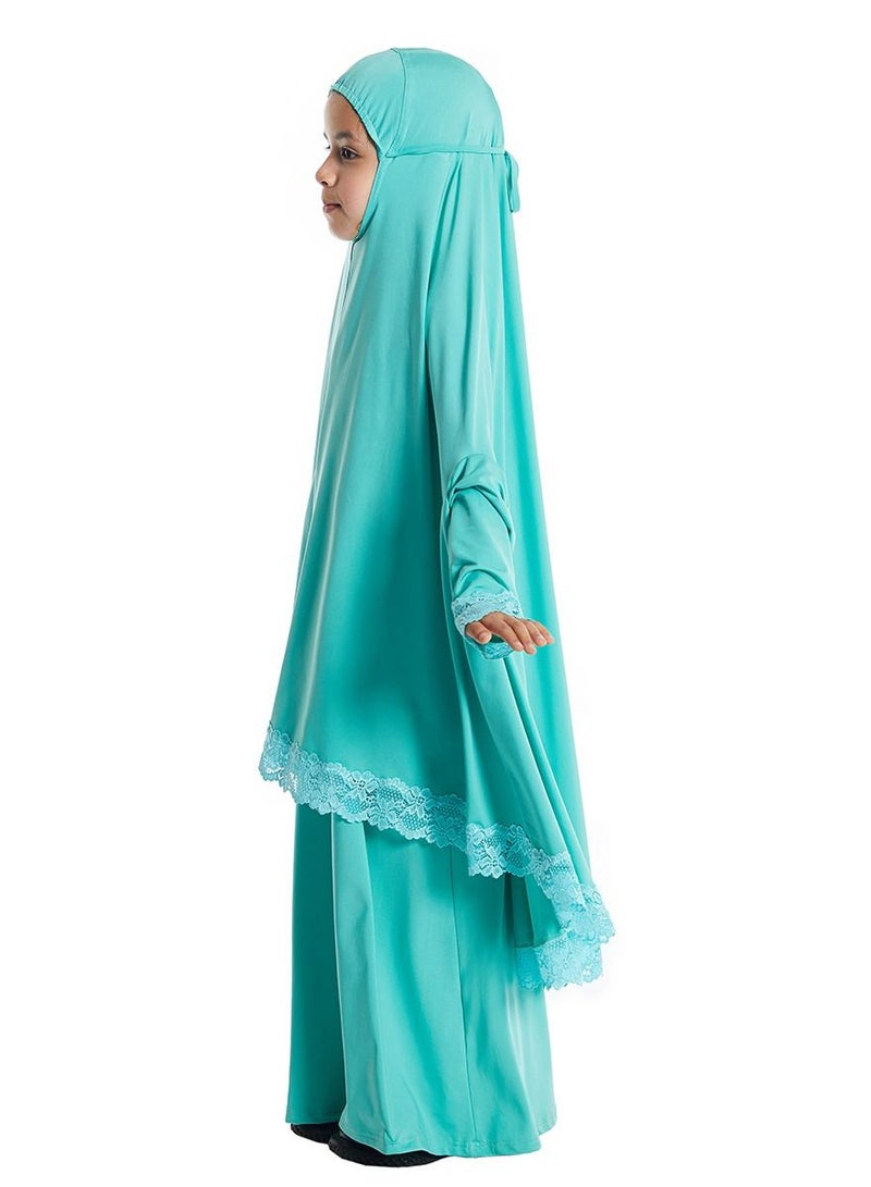 Loquat Girl's 2-Piece Clothing Set Batwing Sleeve Hooded top Abaya and half skirt Dress Light Green  - Image 2
