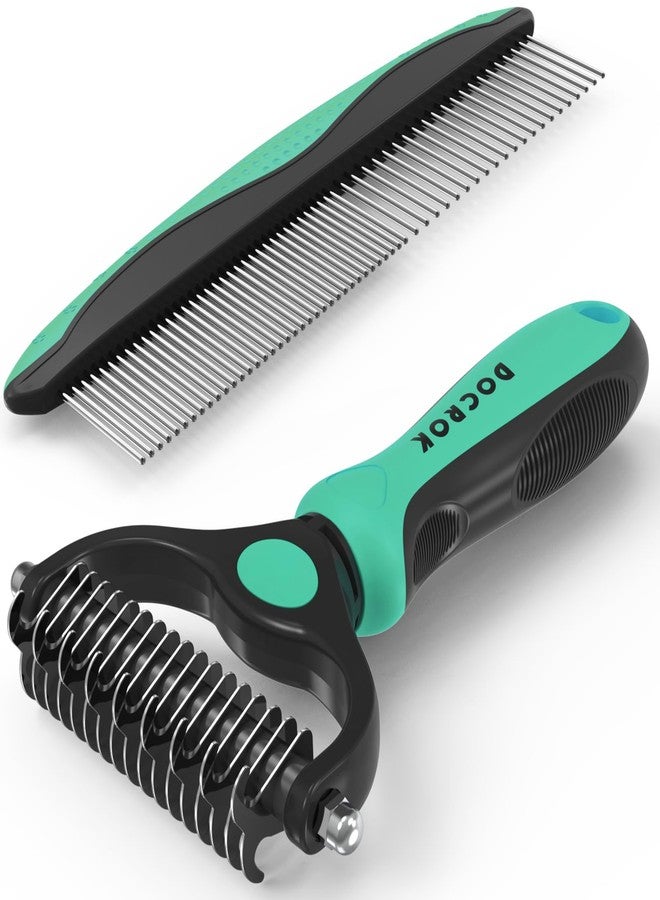 Docrok Pet Grooming Brush and Metal Comb Combo, Cat Brush Dog Brush for Shedding, Undercoat Rake for Dogs Grooming, Dematting Deshedding Brush Dogs Shedding Tool for Long matted Haired Pets, Green - Image 1
