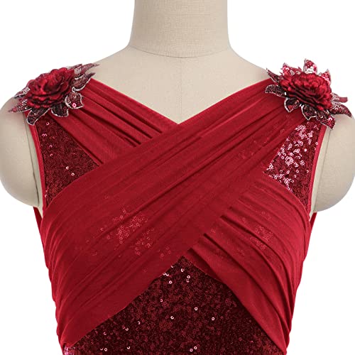 AFAVOM Womens Lyrical Dance Costume Sleeveless VNeck Sequin Flower Lyrical Dance Dress Asymmetric Flowy Mesh Tulle Skirt Contemporary Dance Costumes Ballet Leotard Dancewear Wine Red M - Image 3