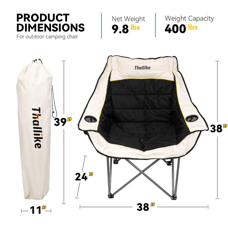 Thallike Oversized Camping Chair for Adults â€“ Heavy Duty Folding Chair with Cup Holders, Storage Pocket & Carry Bag â€“ Outdoor Padded Camp Chair for Camping, Backyard, Fishing & Sports â€“ Supports 400lbs - Image 3