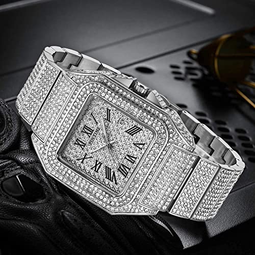 Gosasa Fashion Hip Hop Men's Crystal Watch Bling Bling Iced Out Watch Rectangle Case Stainless Steel Quartz Analog Bracelet Wristwatch (Silver) - Image 3