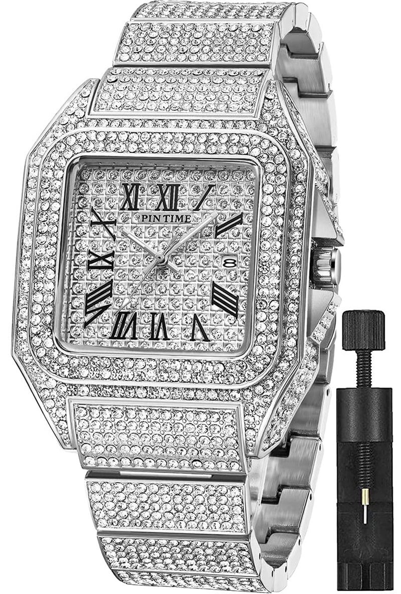 Gosasa Fashion Hip Hop Men's Crystal Watch Bling Bling Iced Out Watch Rectangle Case Stainless Steel Quartz Analog Bracelet Wristwatch (Silver) - Image 1