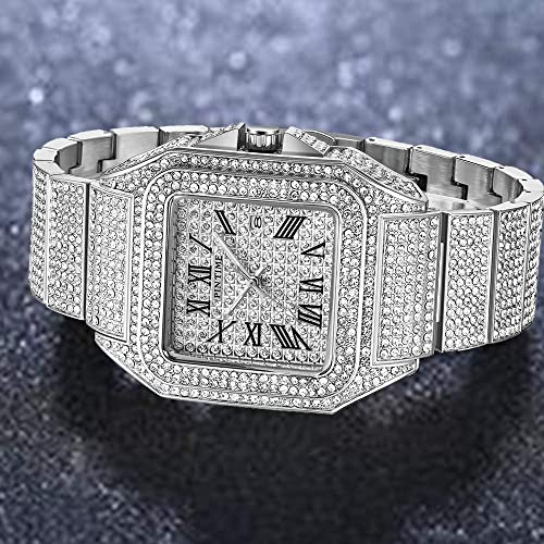 Gosasa Fashion Hip Hop Men's Crystal Watch Bling Bling Iced Out Watch Rectangle Case Stainless Steel Quartz Analog Bracelet Wristwatch (Silver) - Image 5