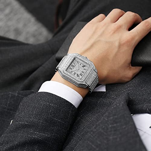 Gosasa Fashion Hip Hop Men's Crystal Watch Bling Bling Iced Out Watch Rectangle Case Stainless Steel Quartz Analog Bracelet Wristwatch (Silver) - Image 2