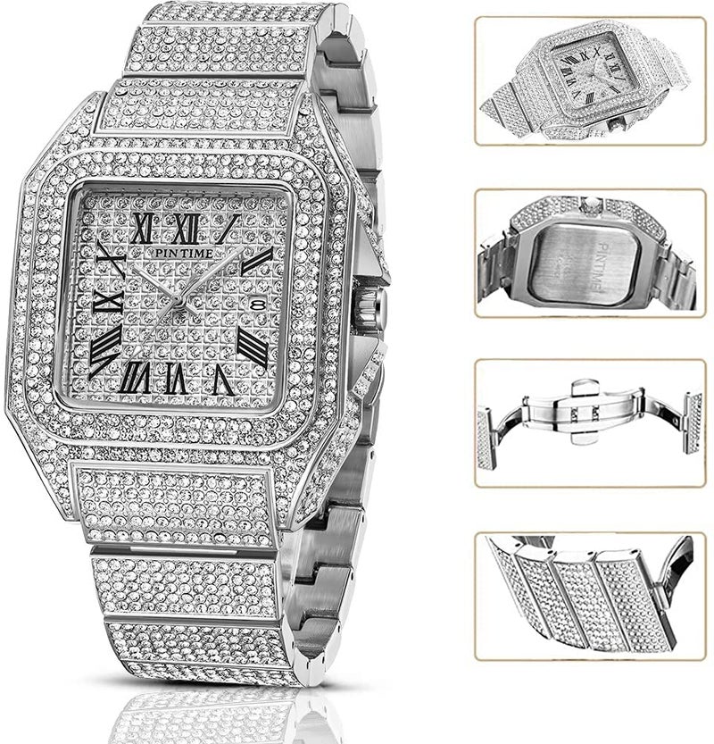 Gosasa Fashion Hip Hop Men's Crystal Watch Bling Bling Iced Out Watch Rectangle Case Stainless Steel Quartz Analog Bracelet Wristwatch (Silver) - Image 4