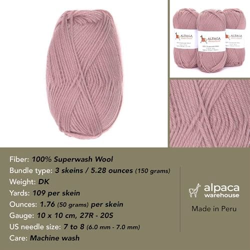 Alpaca Warehouse 100% Pure Wool Yarn Superwash Set of 3 Skeins (150 Grams) DK Weight - Sourced Directly from Peru - Heavenly Soft and Perfect for Knitting and Crocheting (Baby Pink) - Image 3