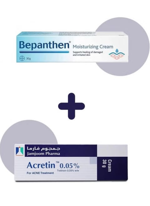 Acretin acne cream 0.05% 30g with bepanthen cream for skin moisturizing 30g