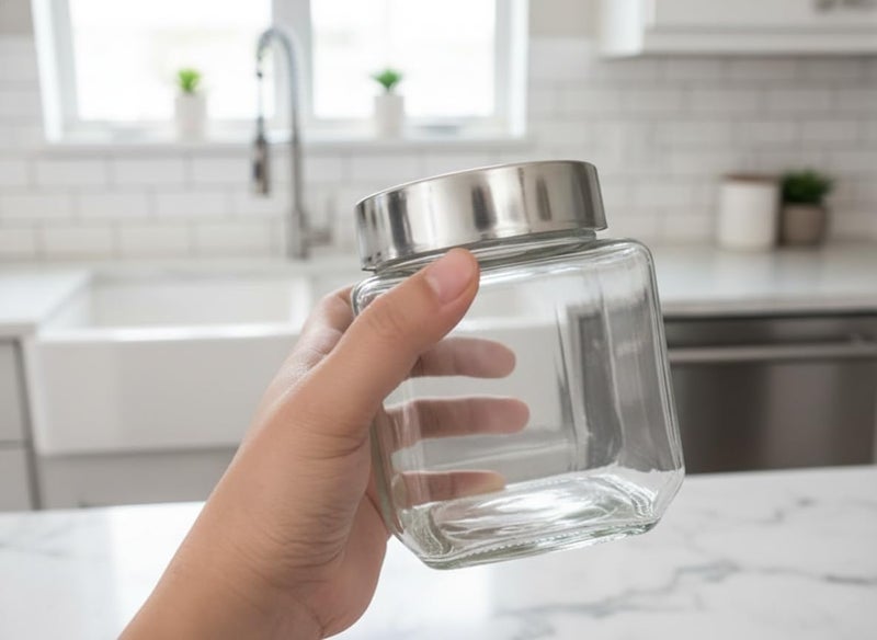Vency Glass Cubical Square 500ml Transparent Glass Jars Set of 8 & Containers for Kitchen Pantry,Snacks,Masala, Honey,Pickles,Cookies,Dry Fruits,Coffee Beans Storage with Steel see-through Lid - Image 3
