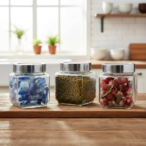 Vency Glass Cubical Square 500ml Transparent Glass Jars Set of 8 & Containers for Kitchen Pantry,Snacks,Masala, Honey,Pickles,Cookies,Dry Fruits,Coffee Beans Storage with Steel see-through Lid - Image 4