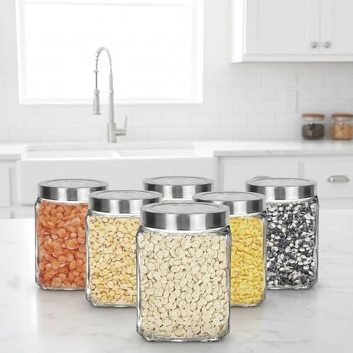Vency Glass Cubical Square 500ml Transparent Glass Jars Set of 8 & Containers for Kitchen Pantry,Snacks,Masala, Honey,Pickles,Cookies,Dry Fruits,Coffee Beans Storage with Steel see-through Lid - Image 1