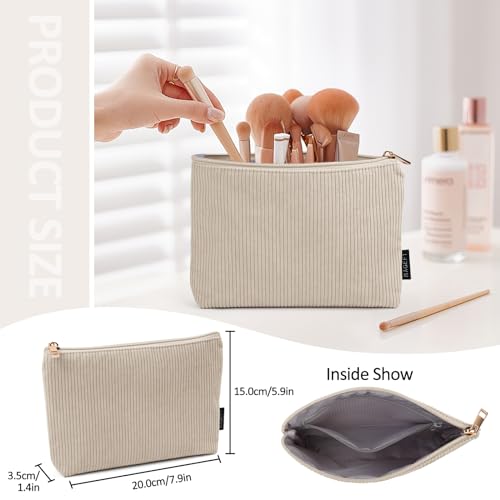 MAGEFY Small Makeup Bag for Purse Corduroy Makeup Bag with Inner Zipper Pockets Travel Cosmetic Bag for Women Preppy Stuff Aesthetic Gifts, Beige - Image 4