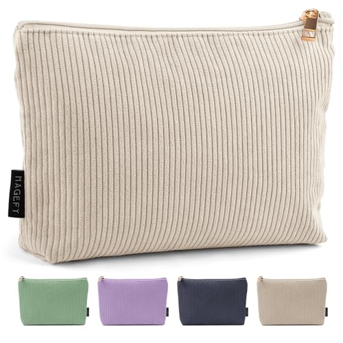 MAGEFY Small Makeup Bag for Purse Corduroy Makeup Bag with Inner Zipper Pockets Travel Cosmetic Bag for Women Preppy Stuff Aesthetic Gifts, Beige - Image 1