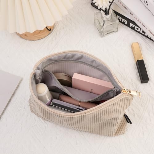 MAGEFY Small Makeup Bag for Purse Corduroy Makeup Bag with Inner Zipper Pockets Travel Cosmetic Bag for Women Preppy Stuff Aesthetic Gifts, Beige - Image 3