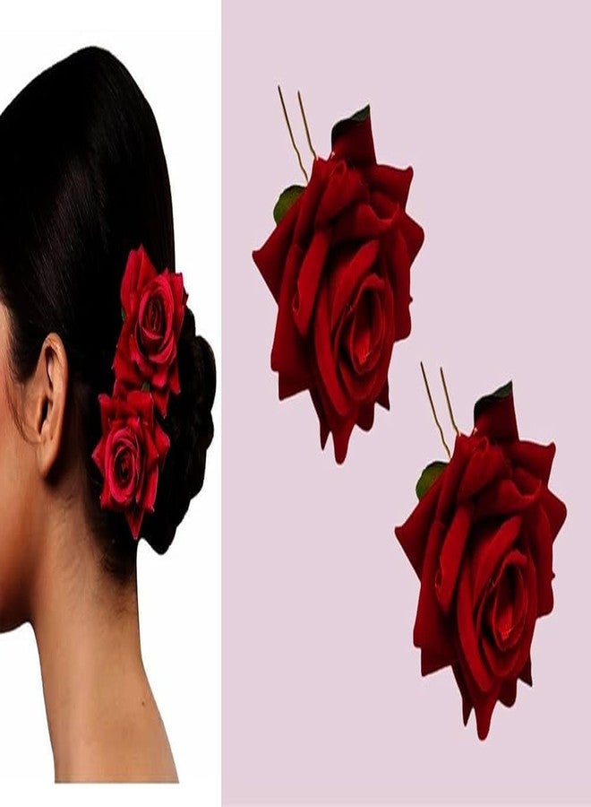 إكسسوارات شعر نسائية بتصميم زهور بلون خمري، مشابك شعر بتصميم وردة لتسريحات الكعكة والتسريحات المرفوعة، زينة شعر للحفلات وحفلات الزفاف - Image 3