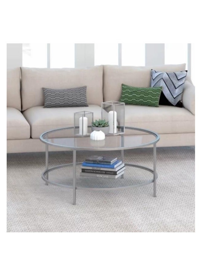 LINGWEI Round Coffee Table with Storage Shelf Silver 90x50x90cm - Image 1