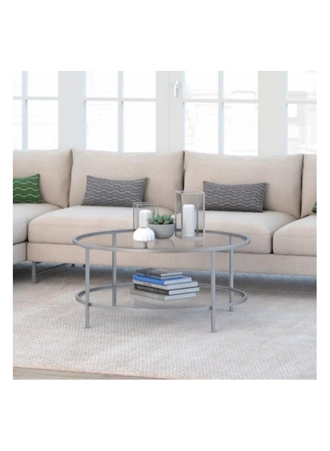 LINGWEI Round Coffee Table with Storage Shelf Silver 90x50x90cm - Image 2
