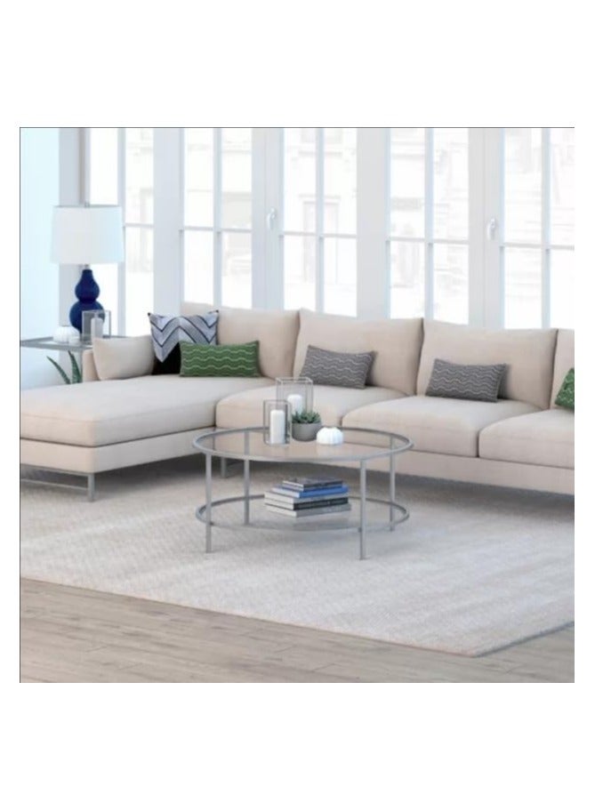 LINGWEI Round Coffee Table with Storage Shelf Silver 90x50x90cm - Image 3