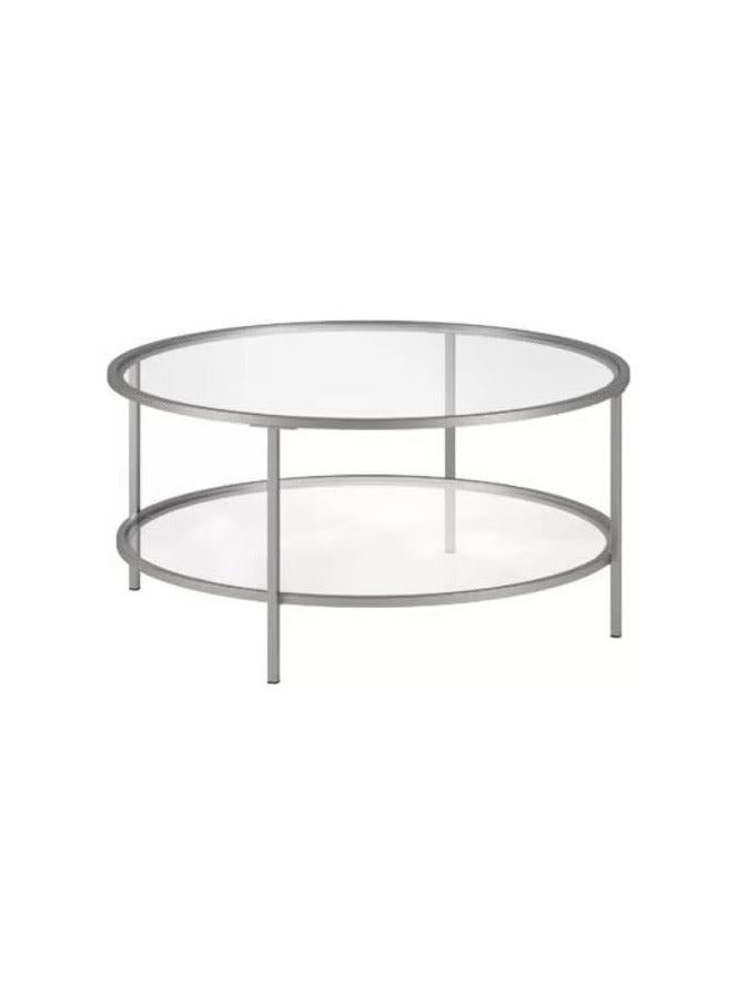 LINGWEI Round Coffee Table with Storage Shelf Silver 90x50x90cm - Image 4