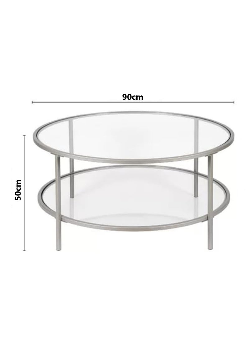 LINGWEI Round Coffee Table with Storage Shelf Silver 90x50x90cm - Image 5