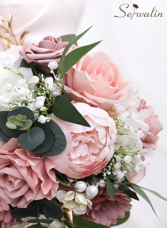 Serwalin 9.8 Inch Wedding Bouquets for Bride Bridesmaid, Dusty Pink Peonies Bridal Bouquets for Bride, Wedding Flowers Bouquet Tossing Bouquet, Wedding Ceremony and Anniversary Day Decor - Image 5
