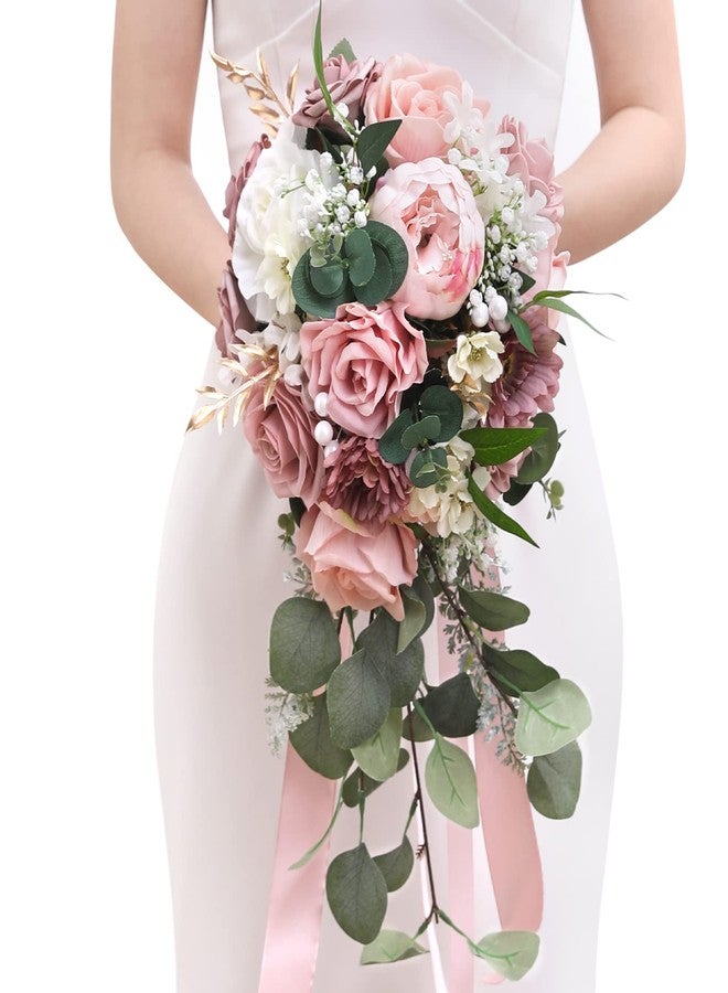 Serwalin 9.8 Inch Wedding Bouquets for Bride Bridesmaid, Dusty Pink Peonies Bridal Bouquets for Bride, Wedding Flowers Bouquet Tossing Bouquet, Wedding Ceremony and Anniversary Day Decor - Image 1