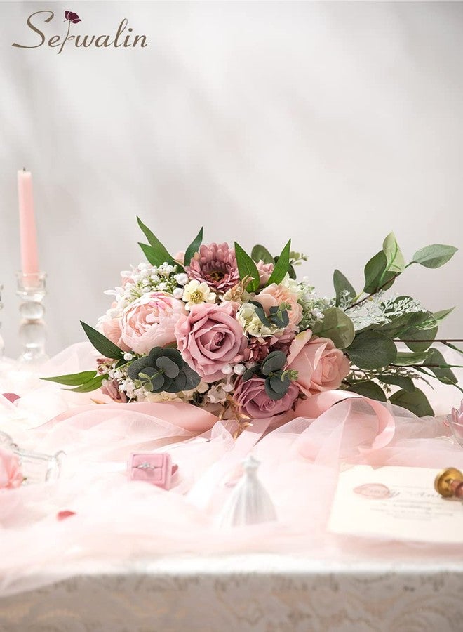 Serwalin 9.8 Inch Wedding Bouquets for Bride Bridesmaid, Dusty Pink Peonies Bridal Bouquets for Bride, Wedding Flowers Bouquet Tossing Bouquet, Wedding Ceremony and Anniversary Day Decor - Image 4