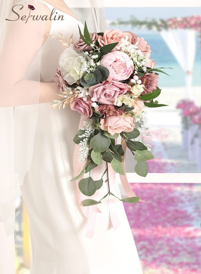 Serwalin 9.8 Inch Wedding Bouquets for Bride Bridesmaid, Dusty Pink Peonies Bridal Bouquets for Bride, Wedding Flowers Bouquet Tossing Bouquet, Wedding Ceremony and Anniversary Day Decor - Image 2