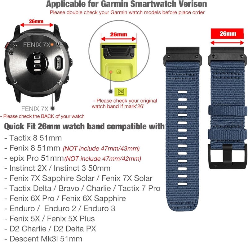 Abanen Rugged Nylon Watch Bands for Garmin Fenix 7X / Fenix 6X / Fenix 5X/Enduro 2, Quick Fit 26mm Adjustable Woven Nylon Sports Wrist Strap with Stainless Steel Clasp for Tactix 7 Pro, epix Pro 51mm - Image 2
