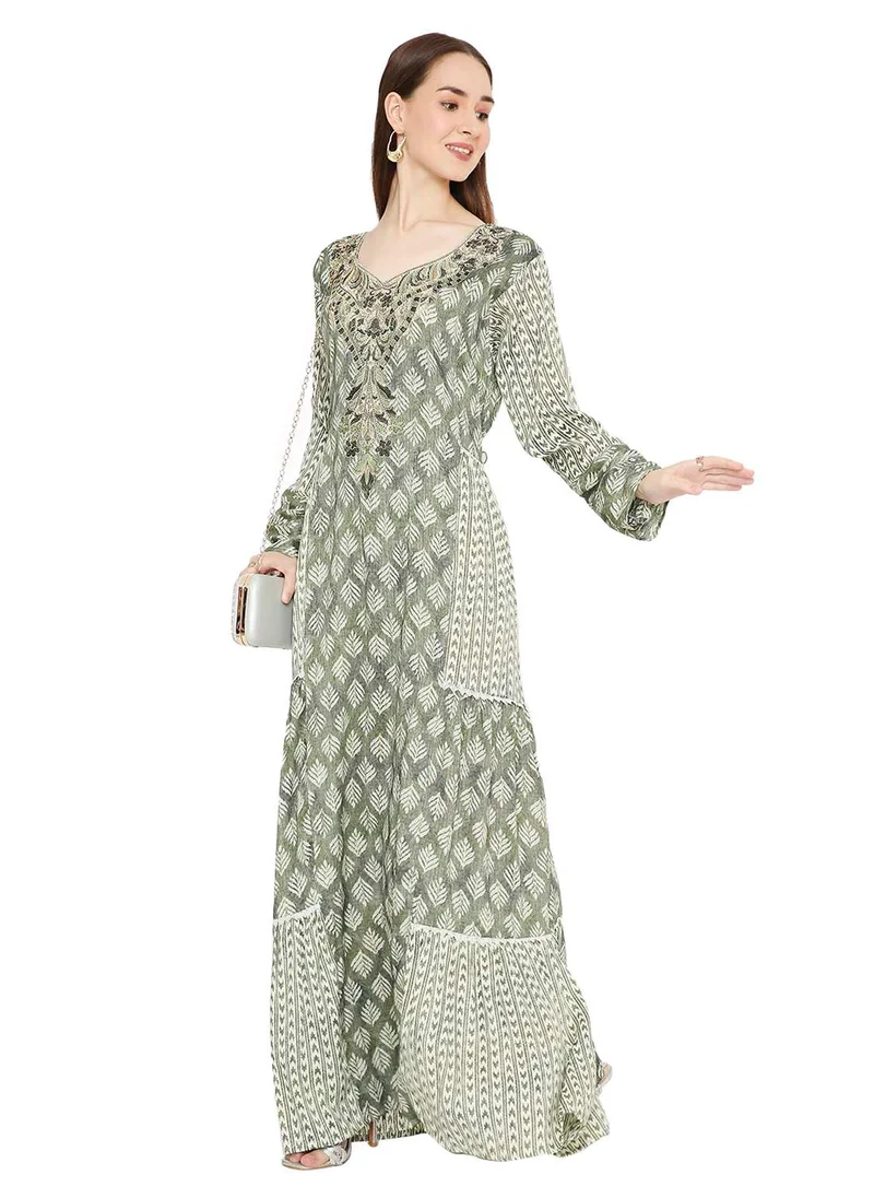 HANA & SARA ELEGANT ARABIC KAFTAN JALABIYA DRESS ADORNED WITH STONE WORK AND THREAD EMBROIDERY