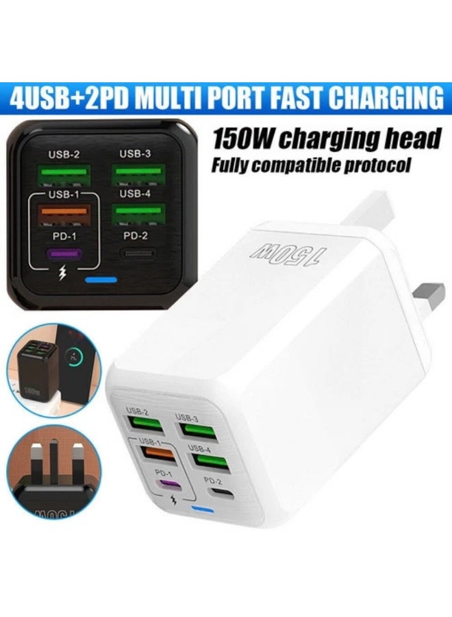 فيرست برو محول شحن فائق السرعة متعدد الوظائف بقدرة 150 واط مع 6 منافذ – شاحن هواتف محمولة، محول طاقة للسفر، اللون أبيض، للمملكة المتحدة - Image 2