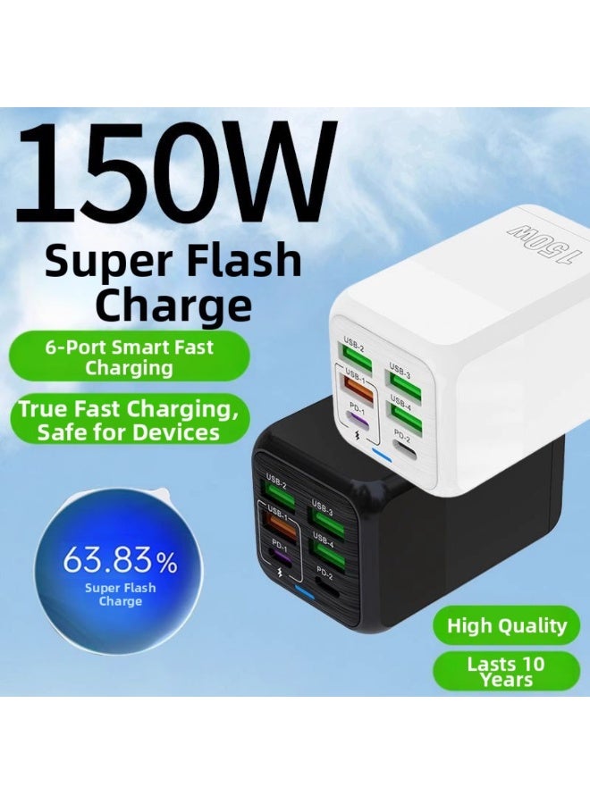 فيرست برو محول شحن فائق السرعة متعدد الوظائف بقدرة 150 واط مع 6 منافذ – شاحن هواتف محمولة، محول طاقة للسفر، اللون أبيض، للمملكة المتحدة - Image 3