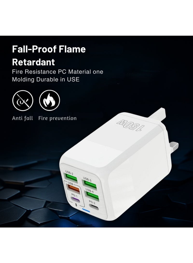 فيرست برو محول شحن فائق السرعة متعدد الوظائف بقدرة 150 واط مع 6 منافذ – شاحن هواتف محمولة، محول طاقة للسفر، اللون أبيض، للمملكة المتحدة - Image 4