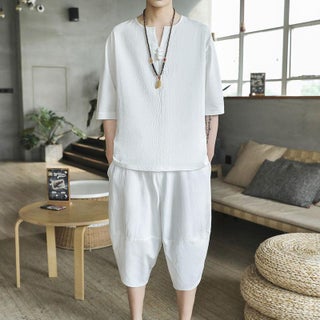 Chinese Style Short-sleeved Linen suit Mens Tang Suit Young Peoples Zhongshan Suit Zen Suit Summer Cotton and Linen Hanfu Antique Two-piece Set W18 white (solid color cropped pants suit) - pzsku/ZC475495B02F248039A01Z/45/_/1741689201/7e4a43a9-cd69-4ddd-908f-001f240fa2ac