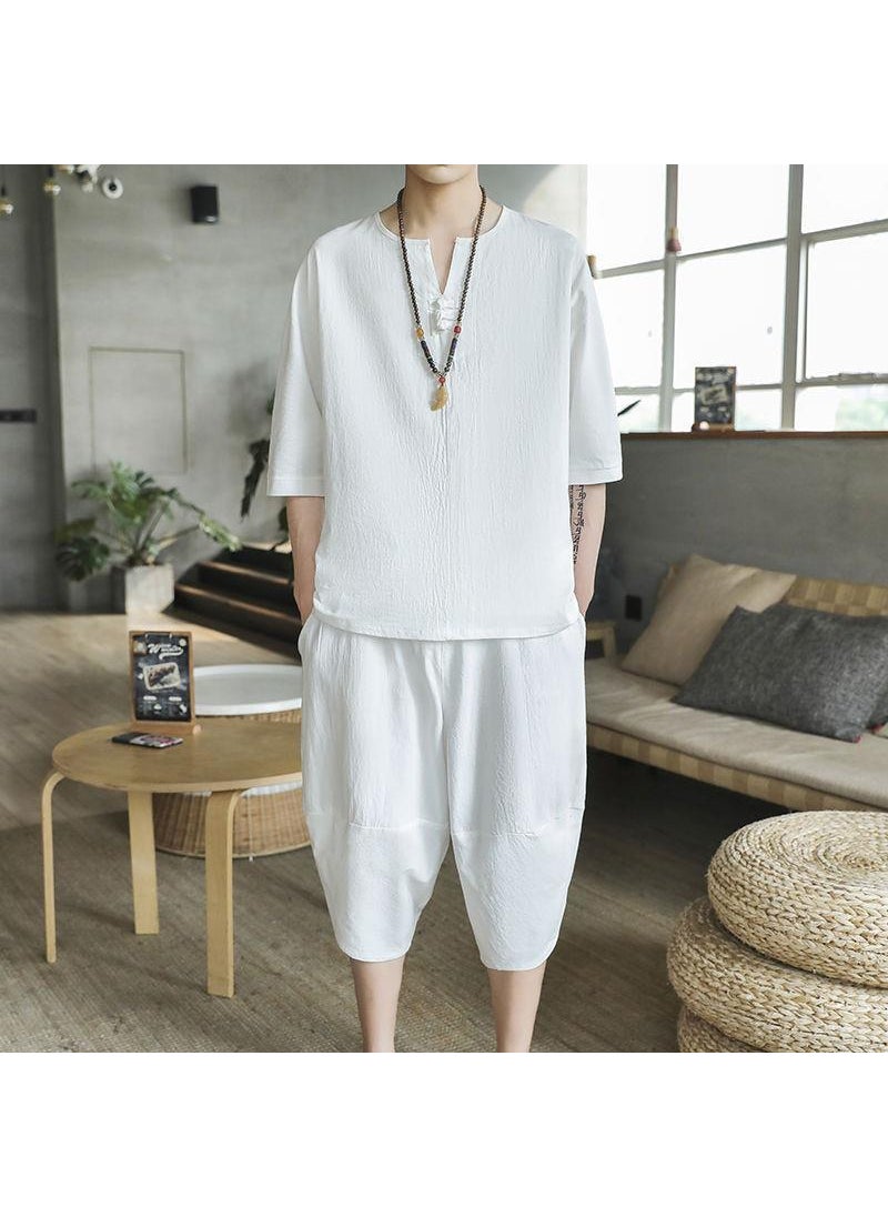 Generic Short Sleeve Linen Set Men Tang Suit Youthful Mid-mountain Clothing Zen Clothes Summer Cotton Hanfu Old Style Two-piece Set W18 White (solid color cropped pants suit) 