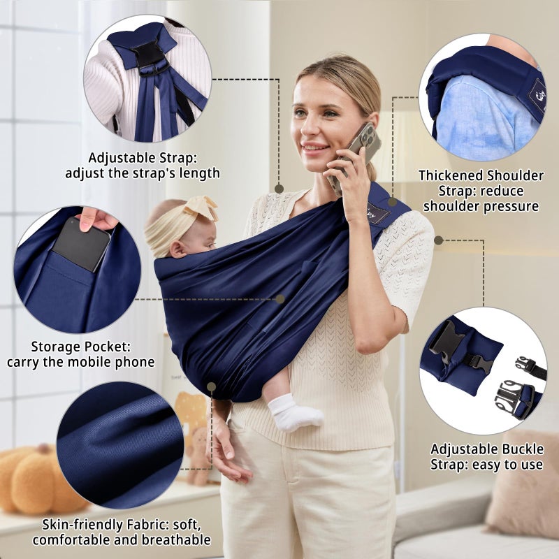 CUBY Baby Carrier by Cuby, Natural Cotton Baby Wraps Sling Baby Holder Extra Comfortable for Easy Wearing Carrying for Newborn, Soft and Adjustable Newborn and Toddler Carrier Slings (Dark Blue) - Image 3