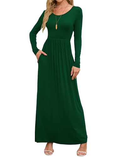 DEARCASE Maxi Dress for Women Dark Green Large Crewneck Long Sleeves Wedding Guest A-line Plain Casual Empire Waist Flowy Party Vintage Spring Fall Winter Floor Dresses with Pocket - Image 1