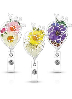 Leinuosen 3 Pcs Flower Badge Reel Holders Nurses Day Gift Uterus Tooth Kidney Lung Shape Dried Flower Resin Badge Reel Doctor Badge Clip Retractable Badge Clip For Nurse Doctor Student(Heart)  - Image 1
